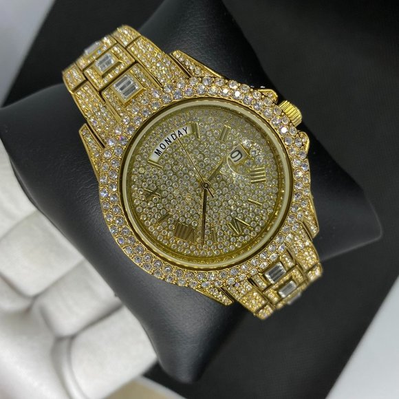 Full Rhinestone&Diamond Covered Bling Iced Out 18K Gold Plated Men's Watch - Picture 2 of 6